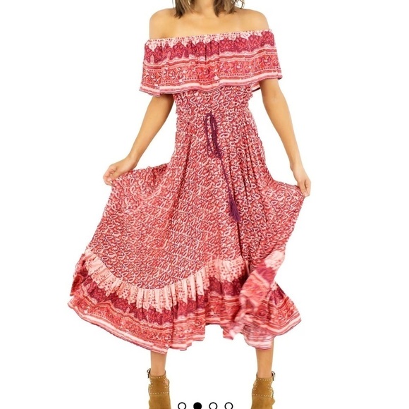 Nightcap Clothing Samba Gown Sunrise Print Red Pink Smocked Waist Tassel Size 2 - Picture 2 of 12